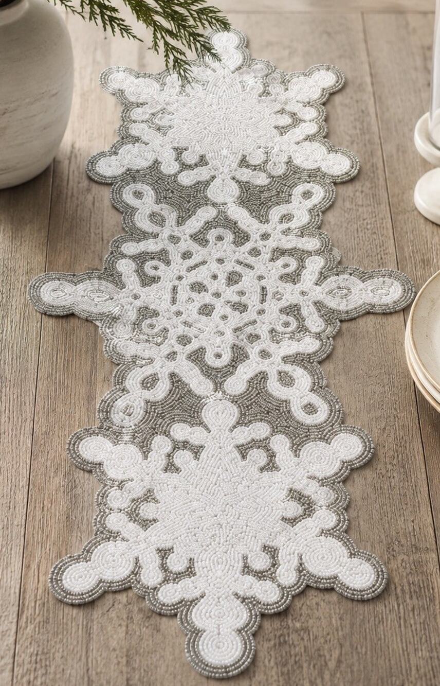 Pier 1 Beaded Snowflake Table Runner 31x13 Silver White Christmas Holiday